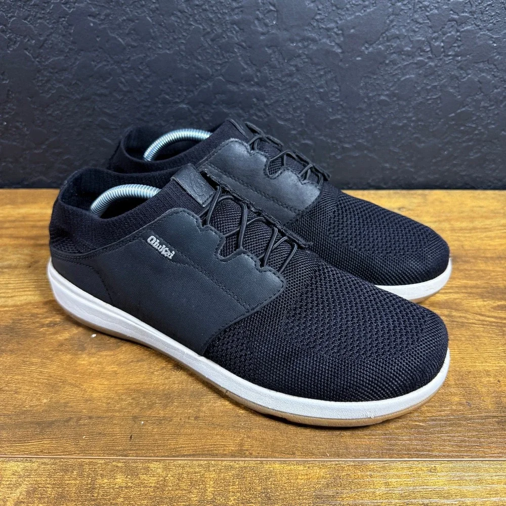 OluKai Makia Ulana Kai 10394-4040 Black Leather Textile Sneakers Mens Size 9.5M